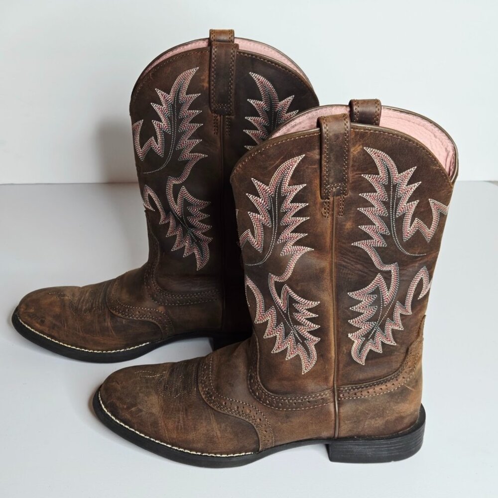 Ariat Heritage Stockman Women Distressed Brown Pink Western Cowboy Boot Sz 10 - Picture 2 of 10